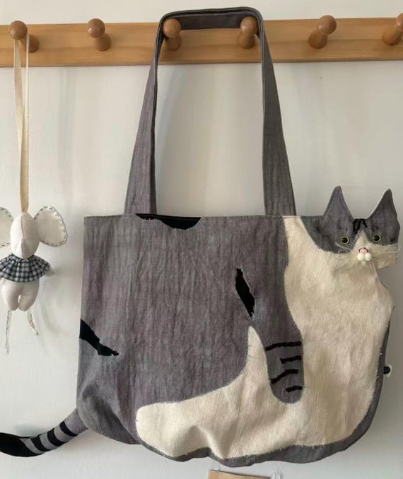 Blue Grey Cat Custom Embroidered Cat Tote Bag: Organic Cotton
