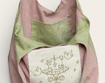 Handmade Patchwork Tote Bag – Embroidered Fairy Apple Pocket, Pastel Pink & Sage Green