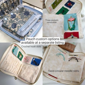 K&ouml;nnte beinhalten: Eine Rei&szlig;verschluss-Organizer-Tasche f&uuml;r Bastelbedarf mit verschiedenen Innenkonfigurationen, darunter herausnehmbare Taschen, Steckpl&auml;tze f&uuml;r H&auml;kelnadeln und feste F&auml;cher f&uuml;r Rundstricknadeln mit floralen Mustern.