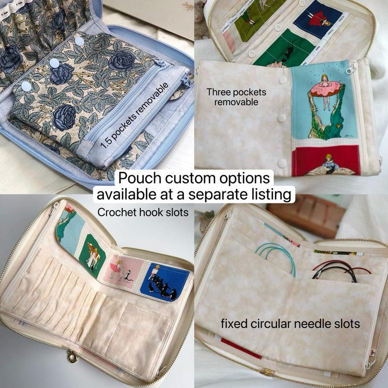 K&ouml;nnte beinhalten: Eine Rei&szlig;verschluss-Organizer-Tasche f&uuml;r Bastelbedarf mit verschiedenen Innenkonfigurationen, darunter herausnehmbare Taschen, Steckpl&auml;tze f&uuml;r H&auml;kelnadeln und feste F&auml;cher f&uuml;r Rundstricknadeln mit floralen Mustern.
