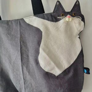 Whimsical Kitty Tote: Hand-Embroidered Shoulder Bag | Gift for cat owner Blue White Cat