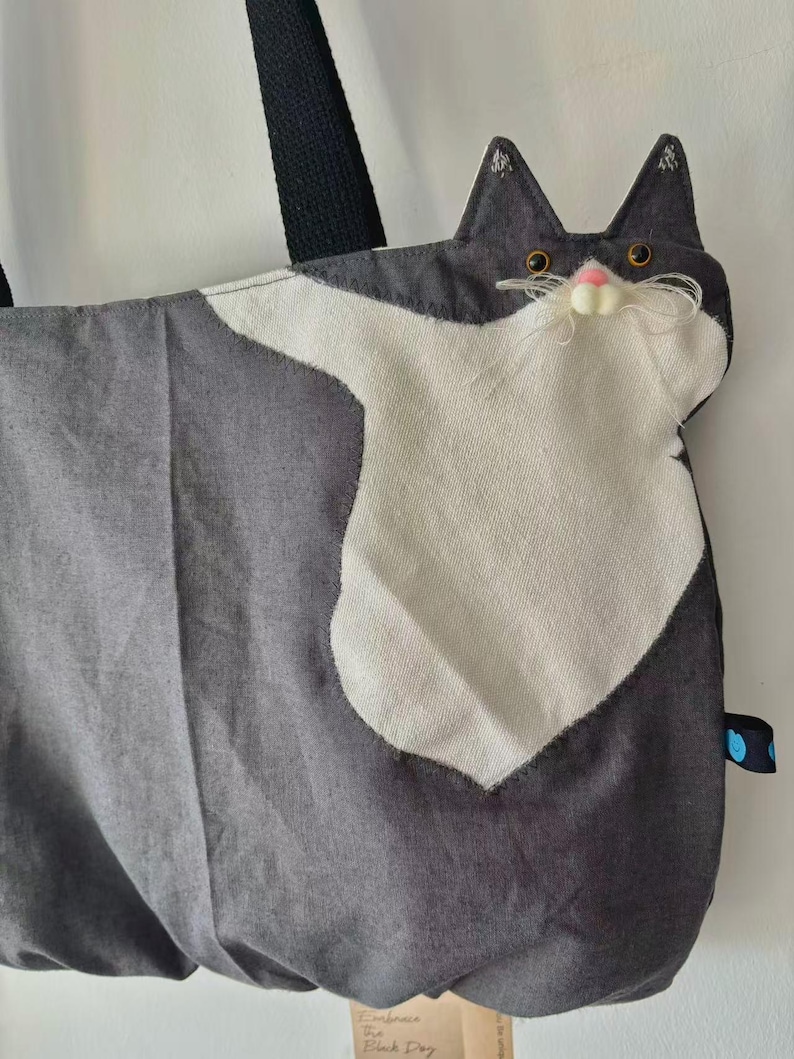 Whimsical Kitty Tote: Hand-Embroidered Shoulder Bag | Gift for cat owner Blue White Cat