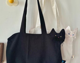 Whimsical Kitty Tote: Hand-Embroidered Shoulder Bag | Gift for cat owner