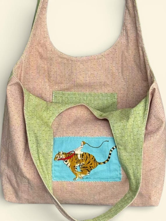 Illustration Handmade Patchwork Tote Bag - Pastel Pink & Sage Green