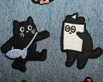 Parche bordado de gato negro caprichoso / Aplique adhesivo