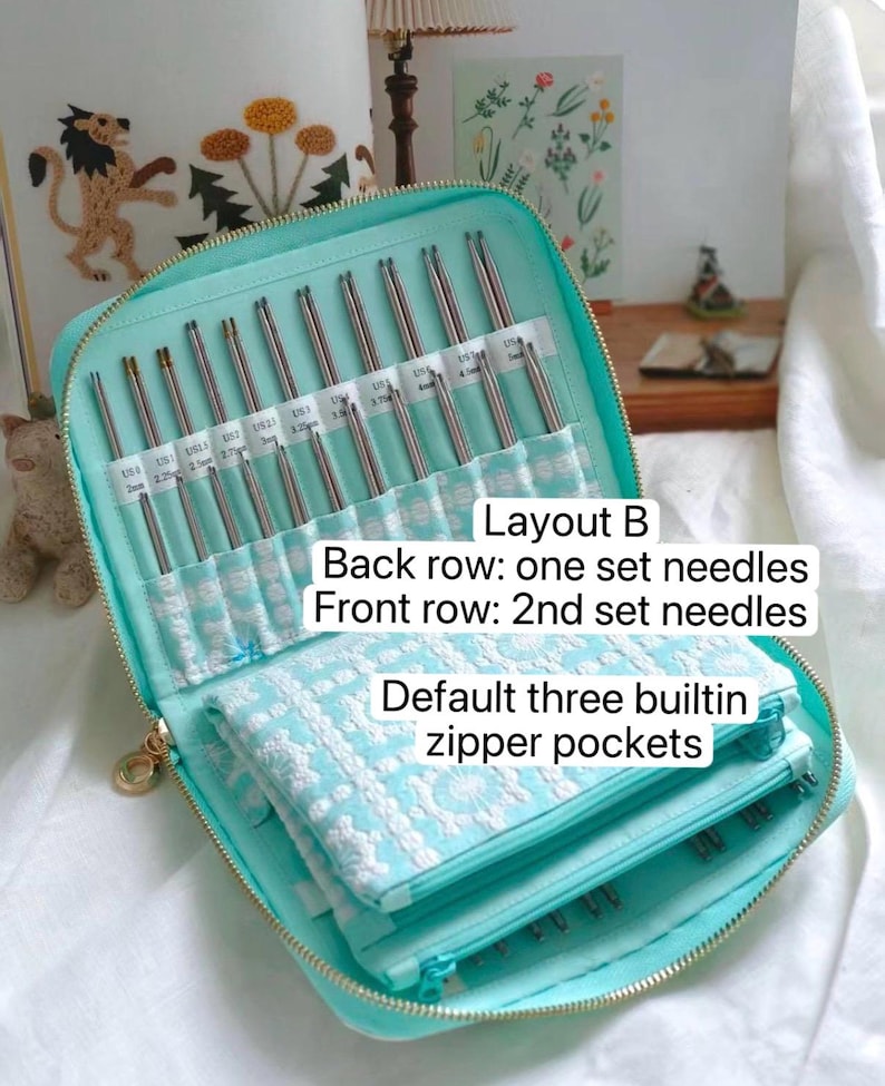 K&ouml;nnte beinhalten: Ein mintgr&uuml;nes Etui mit Rei&szlig;verschluss, das zwei Reihen von Metallstricknadeln mit Gr&ouml;&szlig;enbeschriftung und drei integrierte Rei&szlig;verschlusstaschen enth&auml;lt. Der Text lautet: Layout B, Back row: one set needles, Front row: 2nd set needles, Default three builtin zipper pockets.