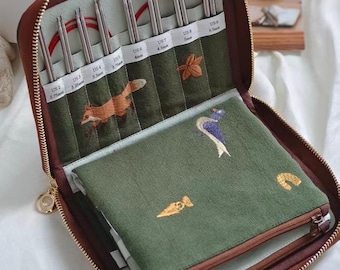 Estuche para agujas de tejer hecho a mano con bordado de zorro y erizo / Regalo para tejedores