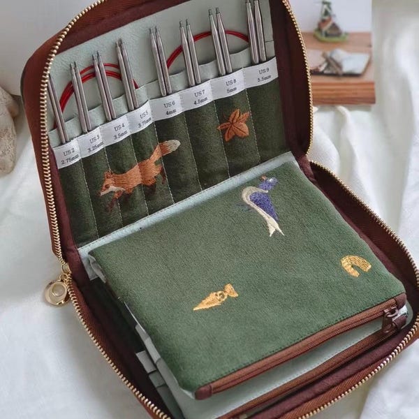 Embroidery fox and hedgehog Handmade Knitting Needle Case | Gift for Knitters