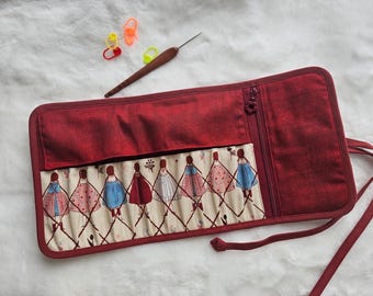 Vintage Waltz Girl Crochet Hook Case: Handmade Roll Organizer, Japanese Cotton