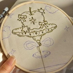 Pu&ograve; includere: Un telaio da ricamo con un design stravagante. Il design presenta un oggetto verde a forma di mela con stelle e fiocchi, che fluttua sopra una forma di nuvola. Contorni blu di nuvole e stelle circondano l'immagine centrale. Una mano tiene il telaio.