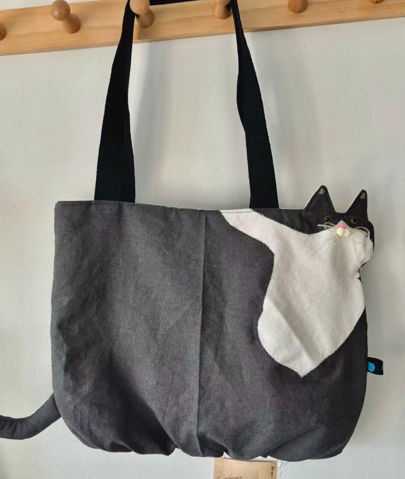 Whimsical Kitty Tote: Hand-Embroidered Shoulder Bag | Gift for cat owner image 9