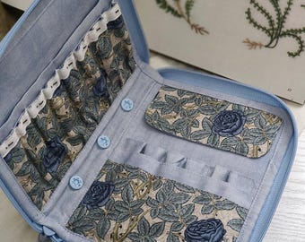 May include: Open, light blue zippered case with multiple compartments. The interior features a floral pattern with blue roses and green leaves. The case has snap closures and a decorative zipper pull. A book with botanical illustrations is in the background.