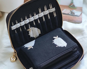 Estuche para agujas de tejer hecho a mano con bordado de oveja negra de Shorties / Regalo para tejedores