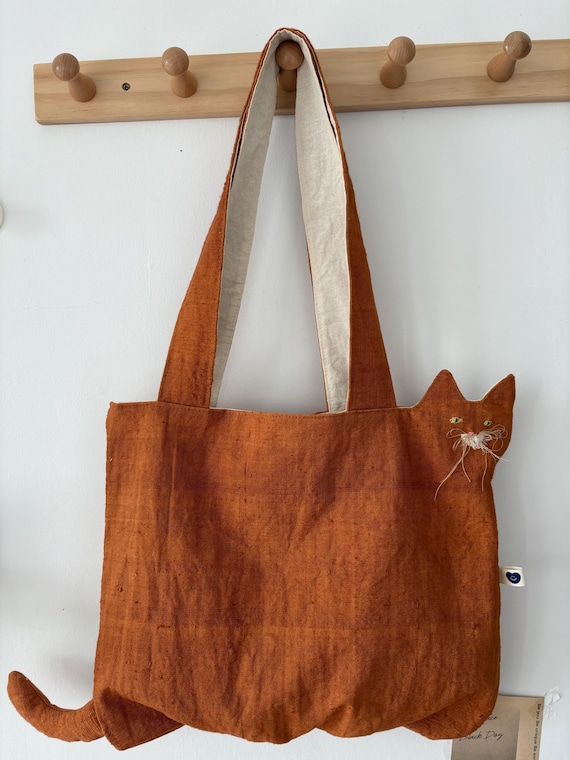 Embroidered Orange Cat Tote Bag: Organic Cotton Kitty Shoulder Bag