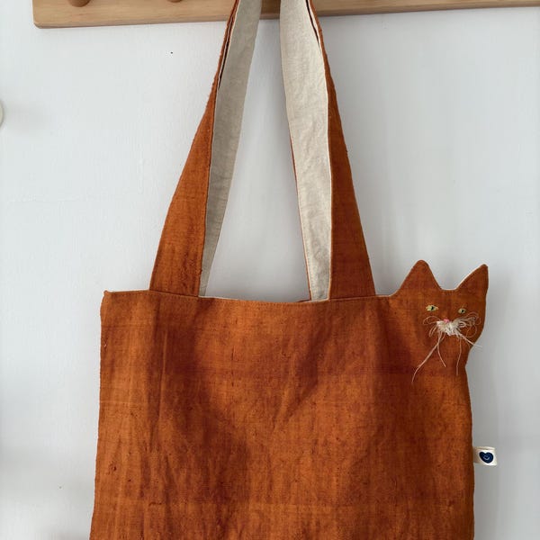 Bolso tote con gato naranja bordado: bolso de hombro de algodón orgánico con gatito