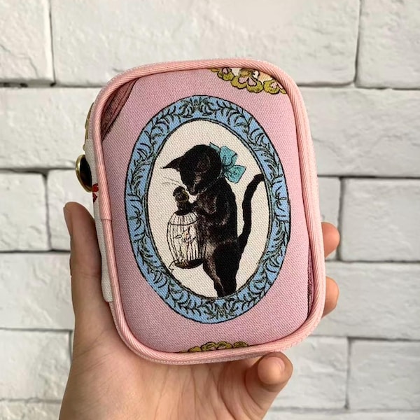 Pink Vintage Cat Zip Pouch | Retro Cotton Oxford Card Wallet