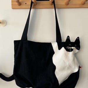 Whimsical Kitty Tote: Hand-Embroidered Shoulder Bag | Gift for cat owner Black White Cat