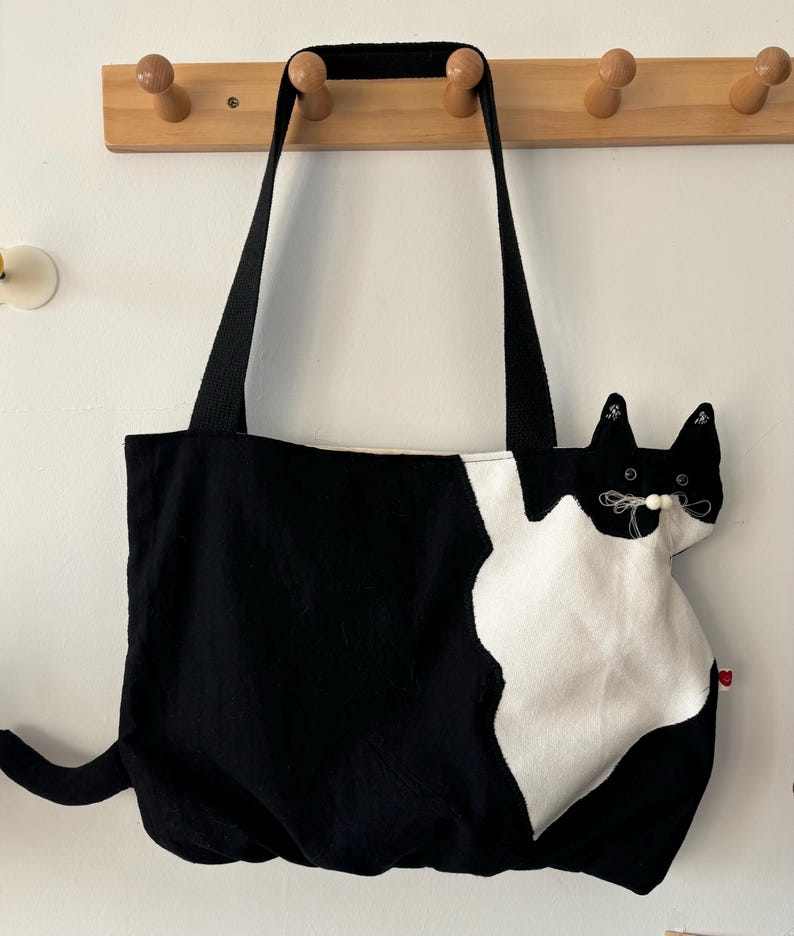 Whimsical Kitty Tote: Hand-Embroidered Shoulder Bag | Gift for cat owner Black White Cat