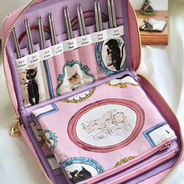 Pink Vintage Cat Handmade Knitting Needle Case, Designer Fabric | Gift for Knitters