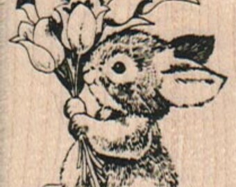 Small Bunny With Bouquet of Flowers Rubber Stamp 1 1/2 x 2 (9336/226I.308)