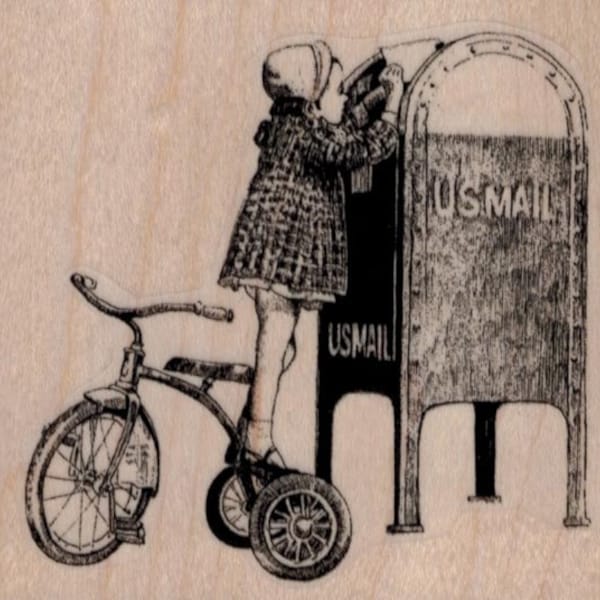 Girl Standing On Tricycle Mailing Letter Rubber Stamp 3 x 2 3/4 (19958/1451D)