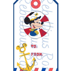 May include: A nautical-themed gift tag featuring a cartoon mouse in a captain's uniform, winking. The tag includes a yellow anchor, a red and white life preserver, and the words "TO:" and "FROM:" in red. The tag has a blue border.