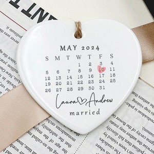Married Ornament, Wedding Date ornament, Wedding Gift, Newlywed Gift, Calendar, Anniversary Gift, Engagement Gift, Ceramic Heart, Keepsake image 1