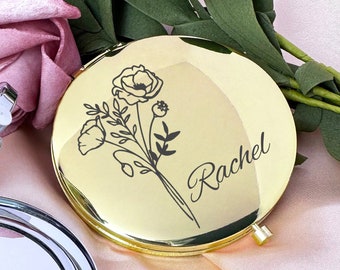 Birth Month Flower Compact Mirror, Bridesmaid Gift, Custom Name Pocket Mirror, Wedding Favor,Birthday Gift,Personalized Flower Makeup Mirror