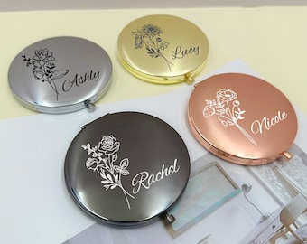 Personalisierte Blume Taschenspiegel, Brautjungfer Geschenk, benutzerdefinierte Name Taschenspiegel, Hochzeit Gunsten, Geburtstagsgeschenk, Geburtstag Monat Blume Make-up Spiegel