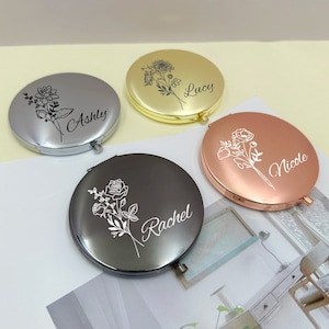 Personalized Flower Compact Mirror, Bridesmaid Gift, Custom Name Pocket Mirror, Wedding Favor,Birthday Gift,Birth Month Flower Makeup Mirror image 1