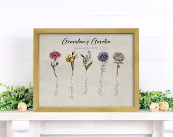 Grandma's Garden Sign, Mothers Day Gift, Birth Month Flower Art, Gift for Her, Family Birth Flower Painting, Custom Gift For Mom & Mother