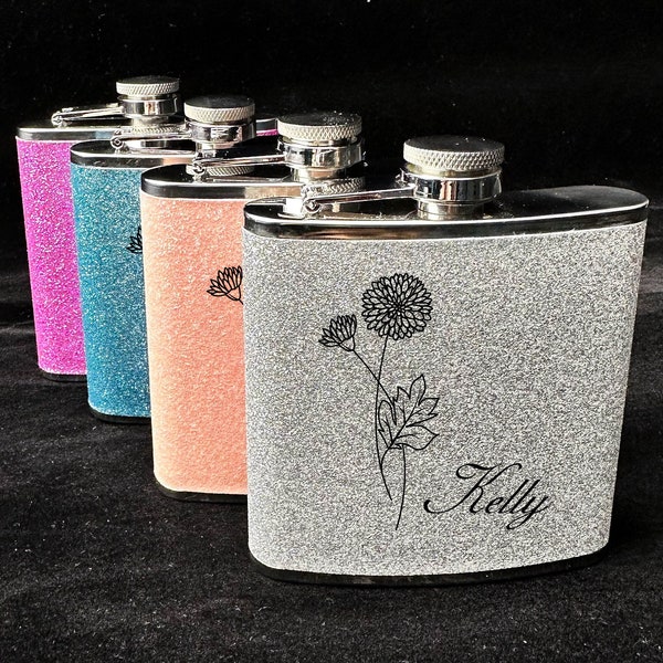 Engraved Flask for Women, Personalized Flask for Women, Bridal Party Gifts, Custom Flask, Bridesmaid Gift, Gift for Girlfriend,Glitter Flask