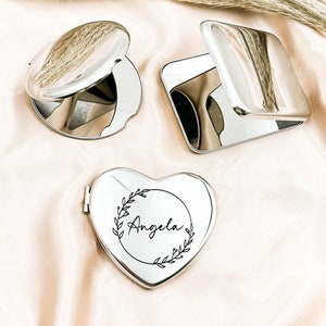 Personalisierter gravierter silberner Kompaktspiegel, Taschenspiegel mit individuellem Namen, Geschenk für Sie, Brautjungferngeschenke, Hochzeitsgeschenke Bild 1