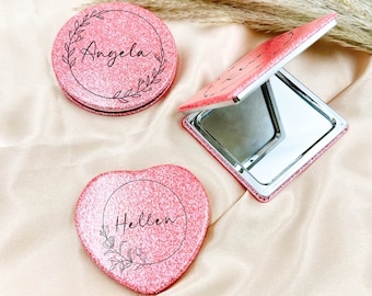 Engraved Compact Mirror Favor, Personalized Glitter Compact Mirror with Name, Round/Heart/Square Cosmetic Mirror, Gift for Her,Daughter,Mom