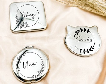 Personalized Compact Mirror with Name and Floral, Custom Engraved Name Pocket Mirror, Gift for Her, Bridesmaid Gifts, Personalized Compact