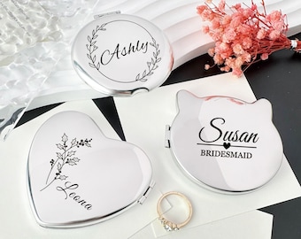 Taschenspiegel mit individuellem Gravurnamen, personalisierter Taschenspiegel aus Silber mit Gravur, Geschenk für Sie, Brautjungferngeschenke, Hochzeitsgeschenke