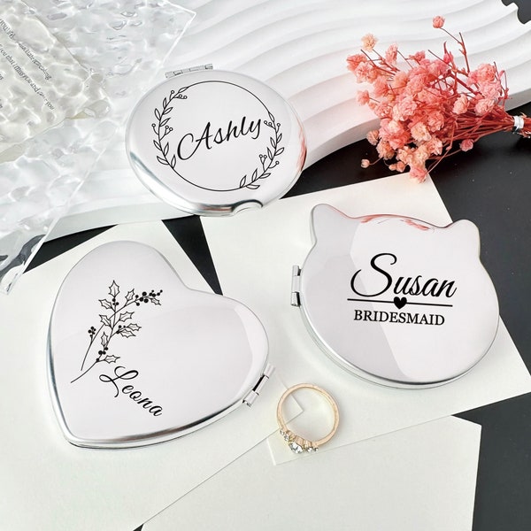 Custom Engraved Name Pocket Mirror, Personalized Engraved Silver Compact Mirror Favor, Gift for Her, Bridesmaid Gifts, Wedding Party Gifts