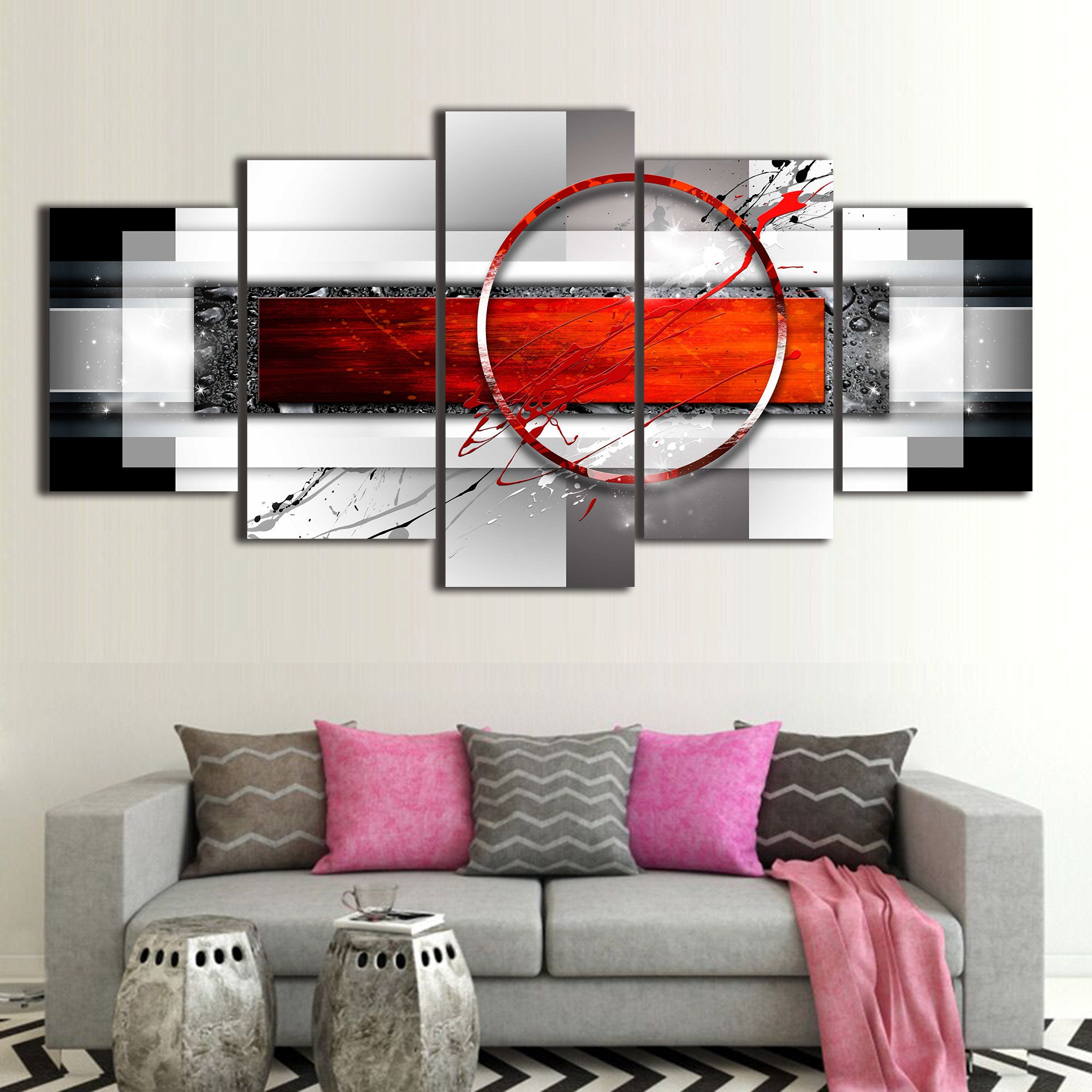 Black Circle Wall Artred Circle Wall Pictureabstract Canvas Etsy