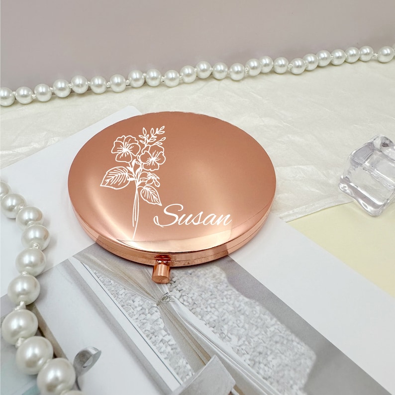 Personalized Flower Compact Mirror, Bridesmaid Gift, Custom Name Pocket Mirror, Wedding Favor,Birthday Gift,Birth Month Flower Makeup Mirror image 7