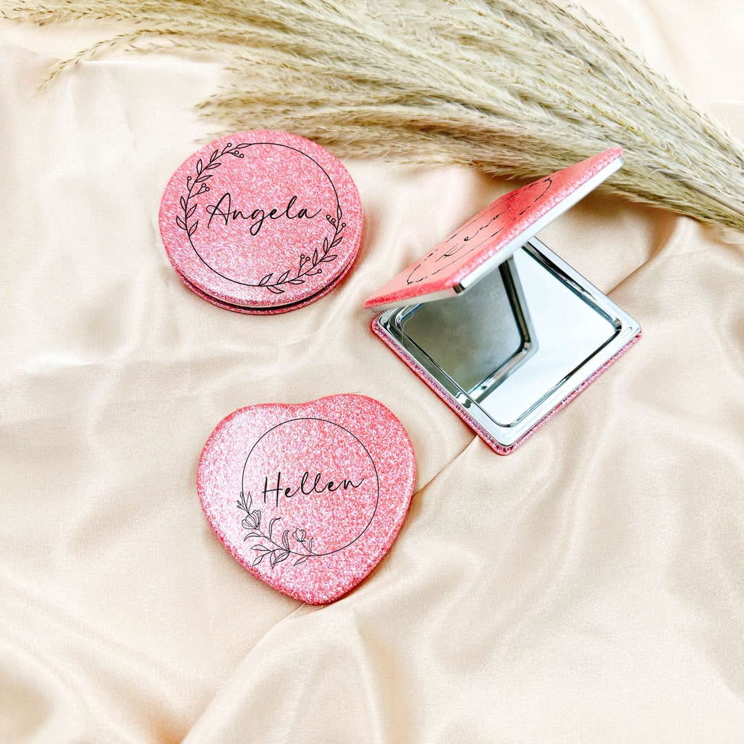 Engraved Compact Mirror Favor, Personalized Glitter Compact Mirror With