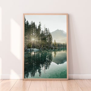 Morning View Lake Poster,Download Art, blue trees landcape Poster, printable artwork,lake trees reflection picture, digital artwork