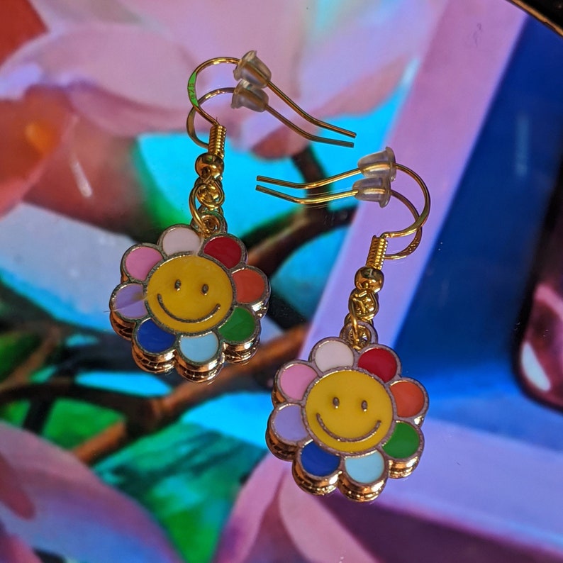 Rainbow Smiley Flower Earrings