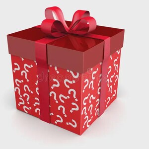 May include: A red gift box with a matching lid and ribbon. The box is covered in a pattern of white question marks. The ribbon is tied in a bow on top of the box, and the box is sitting on a white surface.