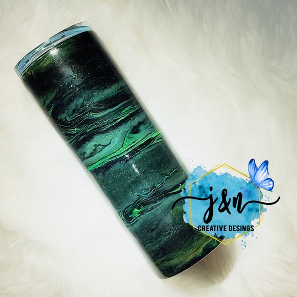 Green & Black Alcohol Ink Swirl w/ Glitter A5 20oz Straight Shooter Tumbler