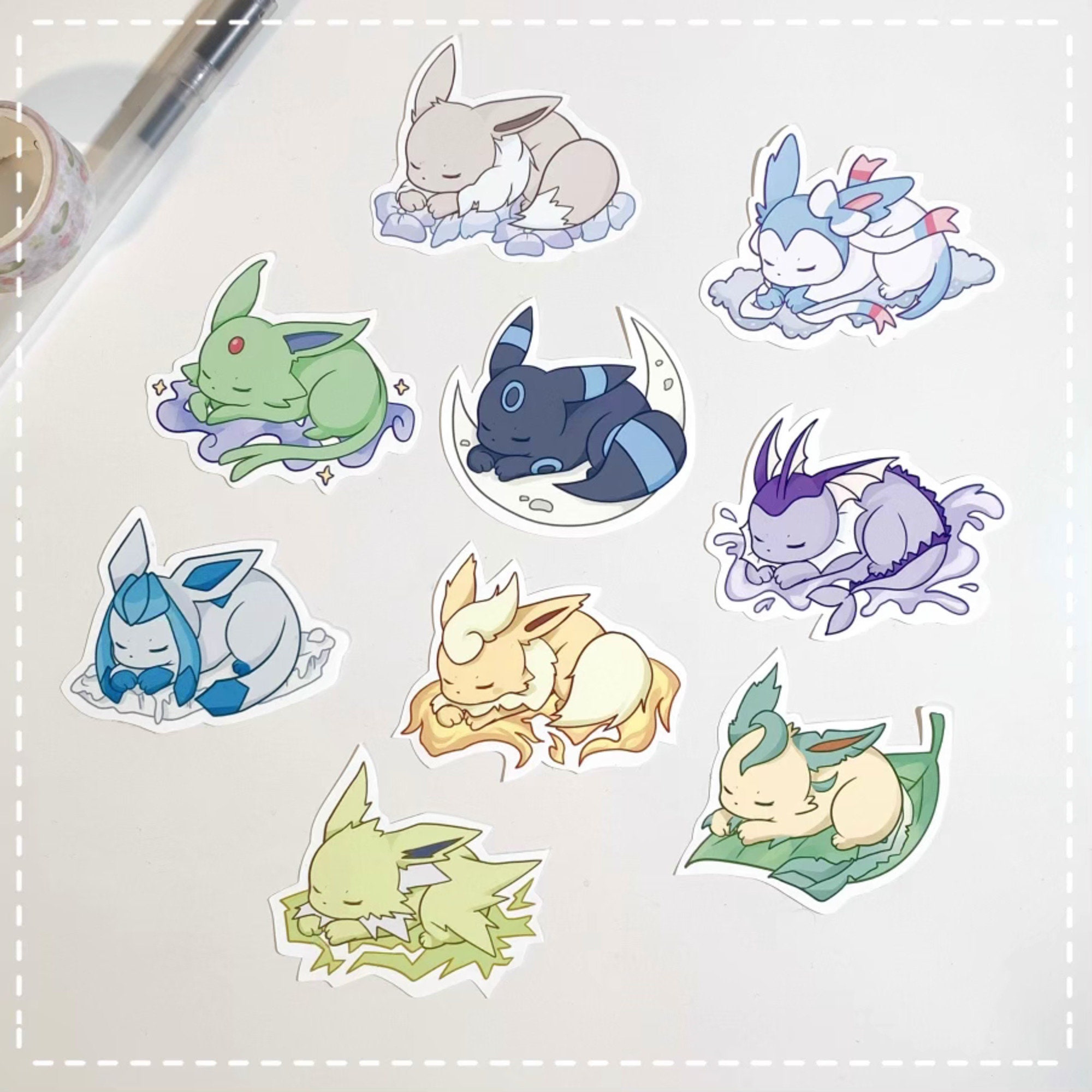 Neon Shiny Eevee Evolution Pack all 9 Pokemon Stickers 