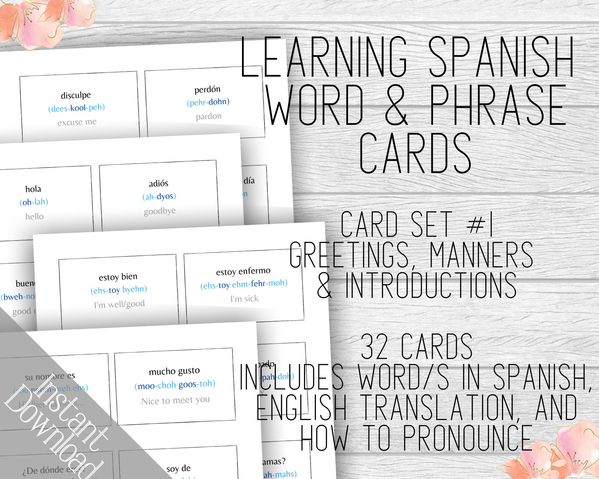 Learning Spanish Card Set 1 Printable Word and Phrase Cards  Etsy