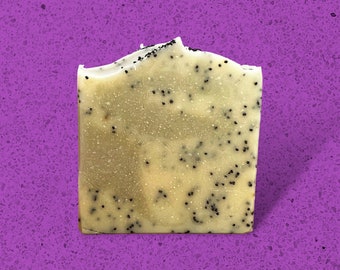 Poppyseed Scrub Soap Bar. Rose Quarts and Lavender Essential Oils Blend.