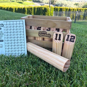 Skittle Smash – Personalized Outdoor Yard Game | Custom Engraved Skittles + Wooden Crate | Great for Families, Parties & Camping Fun