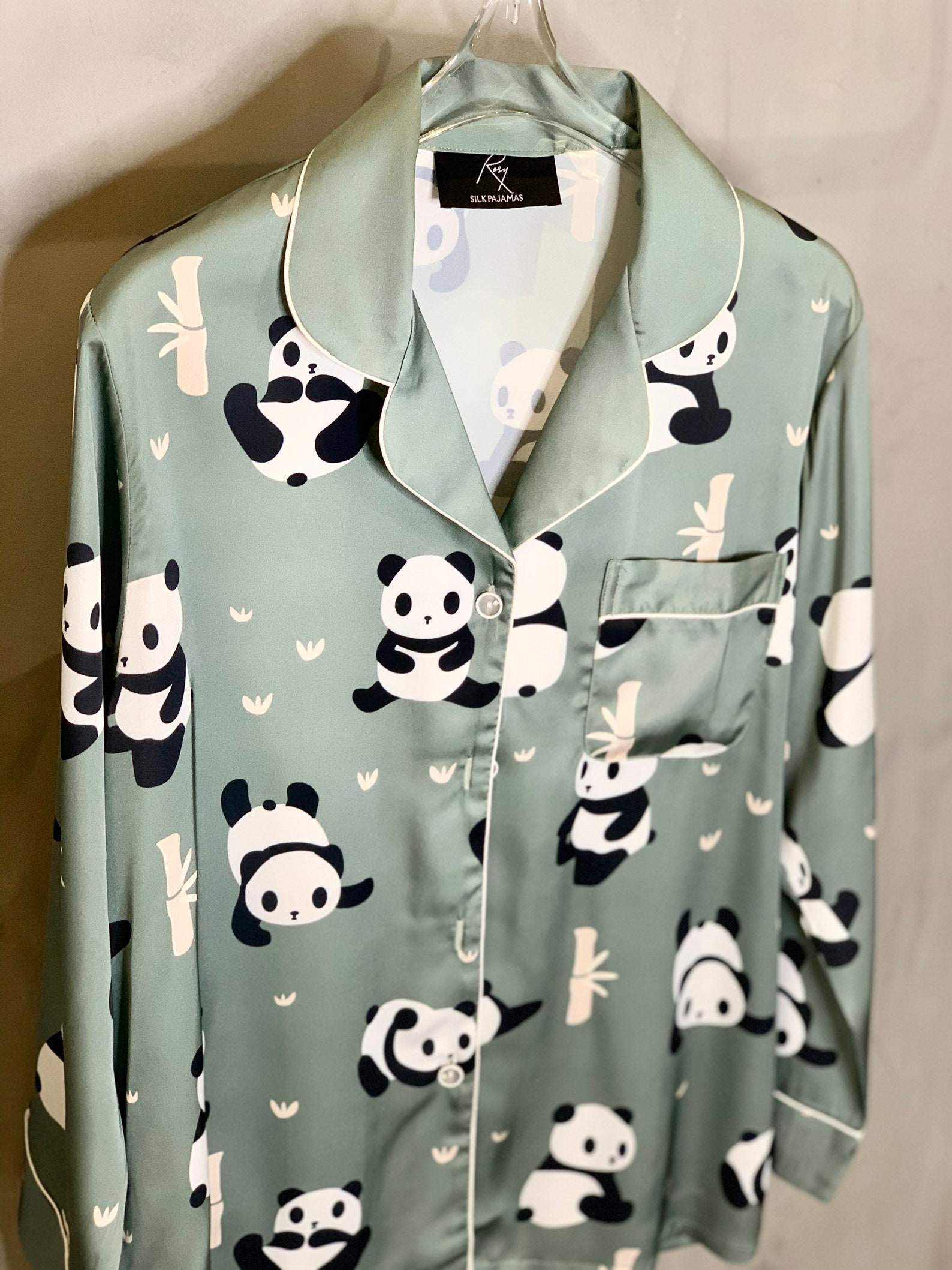 Green Pajama Set, Panda Pajama Set, Green Satin Pajama, Panda Nightwear