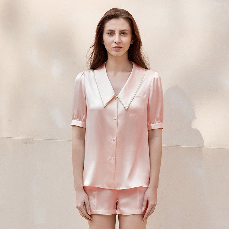 Muraki Jacquard Silk Pajama Set, Pearl Pink Medium / Pale Lime